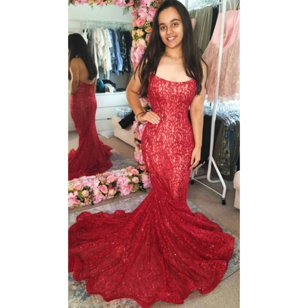 JP67988 MAKE AN OFFER red sparkle lace long train prom pageant evening dress